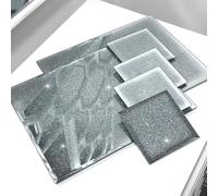 Biznest Glitter Set Of Coasters 10X10Cm, Placemat 20X30Cm & Center Plate 15cm Glass Mirrored Square Shaped Sparkle Dining Table Mats Kitchen Luxurious (4 Placemats)