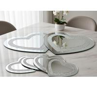 Biznest Heart-Shaped Crushed Crystal Border Mirrored Finish 2 Placemats & 4 Coasters Set Silver Glass Surface Sparkle Jewel 25 Cm
