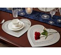 Biznest Heart-Shaped Crushed Crystal Border Mirrored Finish Placemats & Coasters Set Reflective Silver Glass Surface Sparkle Jewel Loose Diamante Edges Dining Table Decor 25Cm (2 Placemat)