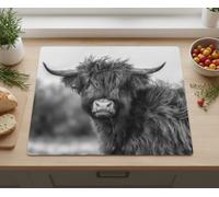 Biznest Highland Cow Worktop Saver Black/White Photographic Design Display Tempered Glass Rectangle Food Preparation Cutting Board Kitchen Accessory Decor Chopping Plate Surface Protection 60 X 40 Cm