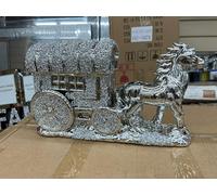 Biznest Horse With Round Wagon Buggy Gypsy Big Wheels Crushed Diamond Carriage Ornament (Silver)