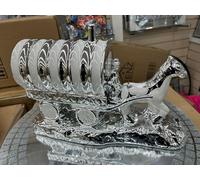 Biznest Horse With Round Wagon Gypsy Crushed Diamond Carriage Ornament Shelf Sitter Caravan Home Decor (White & Silver)