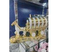 Biznest Horse With Round Wagon Gypsy Crushed Diamond Carriage Ornament Shelf Sitter Caravan Home Decor (White & Gold)