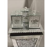 Biznest Kitchen Storage Canisters 3Pk Silver Crushed Diamond Crystal Filled Tin Square Tea Coffee Sugar Canister Jars Handle Lids For Storing