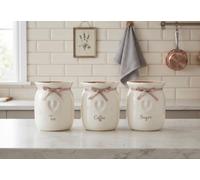 Biznest Large Canisters/Jars Set Tea Coffee Sugar Ceramic Canisters Engraved Heart Kitchen Storage Jars Set Set of 3 with Wooden lid and Ribbon Kitchen Organisation Ideal for Gift to Love One's