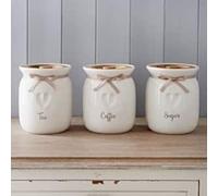 Biznest Large Canisters/Jars Set Tea Coffee Sugar Ceramic Canisters Engraved Heart Kitchen Storage Jars Set Set of 3 with Wooden lid and Ribbon Kitchen Organisation Ideal for Gift to Love One's