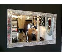 Biznest Large Crackle Design Wall Mirror Bevelled Edge Silver Frame Mosaic Glass 90X60Cm New Home Decor Gift