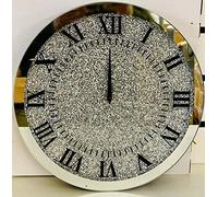 Biznest Large Round 45cm Sparkly Silver Crushed Diamond Crystal Mirrored Wall Clock