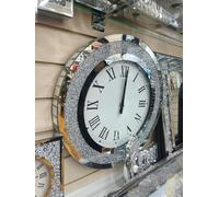 Biznest Large Round 50cm Crushed Mirror Jewel Wall Clock Black Hands Roman Number Diamante Glass Silver Eye Catching Home Décor