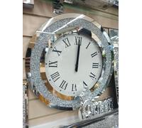 Biznest Large Round Crushed Mirror Jewel Wall Clock Black Needles Roman Number Diamante Glass 50X50Cm Silver Eye Catching Home Décor