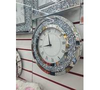 Biznest Large Round Crushed Mirror Jewel Wall Clock Black Needles Roman Number Diamante Glass Silver Eye Catching Home Décor (35x35cm)