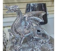 Biznest Large Silver Chrome Electroplated Welsh Dragon Ornament Statue Shelf Décor 36 X 49 X 26Cm