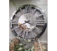 Biznest LARGE Silver Mirrored Crushed Crystal Round Roman Number Wall Clock 40x40Cm