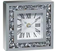 Biznest Loose Diamante Desk Clock Elegant Diamond Crystal Mirror Crushed Jewel Roman Table Clock Nearly Silent-15X15Cm Silver