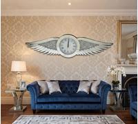 Biznest Luxury Silver Round Dial Mirrored Wall Clock With Angel Wings Crushed Crystal Diamond Design Roman Numeral Decor 110X30Cm