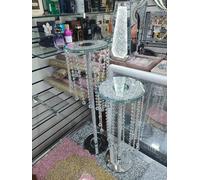 Biznest Mirrored End Table Silver Surface Glass Stand Round Top Crushed Jewel Loose Diamond Hallway Furniture Leg Bed Side 80X25Cm