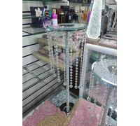 Biznest Mirrored End Table Silver Surface Glass Stand Round Top Crushed Jewel Loose Diamond Hallway Furniture Leg Bed Side 60X25Cm