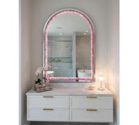 Biznest Modern Arched Wall Mount Mirror Crushed Jewel Loose Pink Bling Diamond Color Changing Led Lights Crystal Glass 100X70 Cm