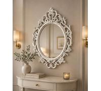 Biznest Ornate Baroque Wall Mounted Mirror Oval Shape Vintage Plastic Framed Best Gift Chic Antique Home Decor Luxury Dressing Table Vanity Display 69 X 48 X 3.5 Cm (WHITE RUSTIC)