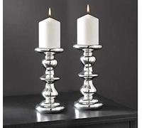 Biznest Pack Of 2 Chrome Candle Stand Gift Set - White- Candle Holder Tealight Holder Tall Pillar Taper Candle Holder29X9Cm