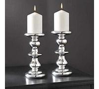 Biznest Pack Of 2 Chrome Candle Stand Gift Set - White Tealight Holder Tall Pillar Taper Candle Holder29X9Cm