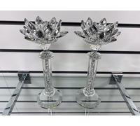 Biznest Pack Of 2 Crushed Diamond Crystal Lotus Candle Holder Tealight Holder Clear Silver Mirror Glass Tall Pillar Taper Candle Holder(20Cm Lotus)