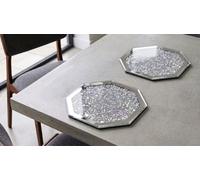 Biznest Pack Of 2 Silver Glass Octagonal Shape Mirrored Border Placemat Crushed Crystal Loose Diamante Home Kitchen Decor 25Cm Dia