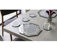 Biznest Pack Of Silver Glass Octagonal Shape Mirrored Border 4X Coaster & 2X Placemat Crushed Crystal Loose Diamante Home Kitchen