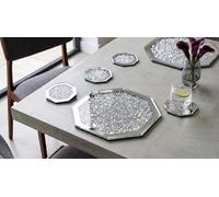 Biznest Pack Of Silver Glass Octagonal Shape Mirrored Border 4x Coasters & 2x Placemats Crushed Crystal Loose Diamante Home Kitchen Dinner Tableware Décor 25Cm/10Cm (4 Coasters + 2 Placemats)