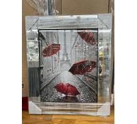 Biznest PARISIENNE STREET RED UMBRELLAS Picture Liquid 3D Wall Decor Glitter Wall Art Mirrored Frame Home Decoration Bedroom Living Room 55x55cm