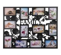 Biznest Rectangle Multi Aperture Rose Floral Entwined Photo Frame Shabby Chic Wall Mounted 'FAMILY' Text 12 Picture 6x4'' Collage Plastic Home Memories Decor Hanging Display 68.7 X 54.5 X 2 Cm (BLACK)