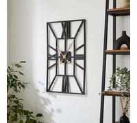 Biznest Rectangle Skeleton Wall Hanging Clock Black Metal Framed Gold Hand Geometric Design Indoor/outdoor Roman Numerals 70X43 Cm