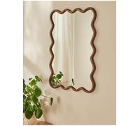 Biznest Rectangle Wiggle Wall Mount Large Mirror Home Decorative Accent Wavy Scalloped Edges Wooden Thick Unique Frame Clear Glass Reflecting Surface Natural Brown Both Way Orientation 70 X 45 X 2 Cm