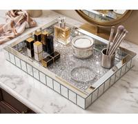 Biznest Rectangular Silver Full Mirrored Border Tray Crushed Crystal Jewel Loose Diamante Jewellery & Perfume Organiser 37X27X5Cm