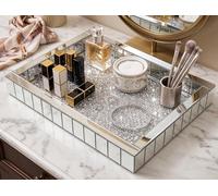 Biznest Rectangular Silver Mirrored Tray Crushed Crystal Jewel Loose Diamante Jewellery & Perfume Organiser Bathrrom Serving Vanity Home Decor 37.5x27.5x5Cm