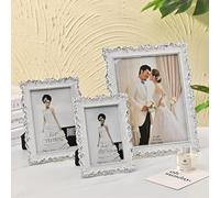 Biznest Retro Style Vintage Floral Picture Frames Decor Photo Rectangle Metallic Finish Rustic Ornate Border White Silver 16X12 Cm
