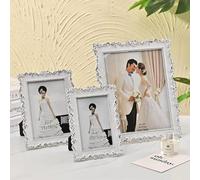 Biznest Retro Style Vintage Floral Picture Frames Decor Photo Rectangle Metallic Finish Rustic Ornate Bordered White Silver A4