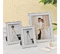 Biznest Retro Style Vintage Floral Picture Frames Decor Photo Rectangle Metallic Finish Rustic Ornate Border Freestanding/Wall Mount Portrait Gallery Image Display (WHITE SILVER, 10 X 8 Cm)