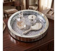Biznest Rotating Makeup Perfume Organiser Silvery Glass Vanity Tray Dresser Full Mirrored Border Round Display Holder 30X5X2.5Cm