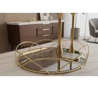 Biznest Round Glass Tray Gold Shining Mirrored Finish Candle Holder Modern Abstract Design Serving Platter Minimalist Display Geometric Bordered Pattern Cosmetic Organiser Home Decorative Piece 30 Cm