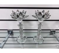 Biznest Set of 2 Crushed Diamond Crystal Candle Holder Tealight Holder Clear Silver Mirror Glass Tall Pillar Taper Candle Holder(28Cm Round)