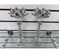 Biznest Set Of 2 Crushed Diamond Crystal LOTUS Candle Holder Tealight Holder Clear Silver Crystal Glass Tall Pillar Taper Candle Holder Home Decor Wedding