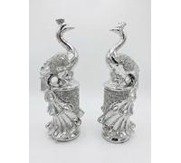 Biznest Set Of 2 Crushed Diamond Peacock Crystal Silver Ornament Shelves Sitter Display Ceramic Free Standing Bling Gift Bird Sculpture Modern Home Decor 30Cm