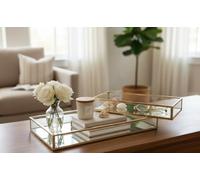 Biznest Set Of 2 Gold Metal Tray Decorative Glass Metal Perfume Vanity Dresser Jewellery Cosmetics Organiser Candle Tealight Plate Display Drinks Tray