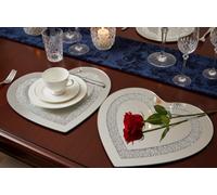 Biznest Set Of 2 Heart-Shaped Crushed Crystal Border Mirrored Finish Placemats Reflective Silver Glass Surface Sparkle Jewel 25 Cm