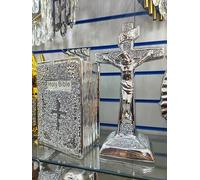Biznest Set Of 2 Silver Crystal Crushed Jewel Diamond Holy Bible Book & Christ On Cross Crucifix Ornament Christian Display Religious Decor Bling Sparkle Shelf Sitter Table Centrepiece Freestanding