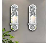 Biznest Set Of 2 Silver Crystal Wall Sconce Candle Holders Mirrored With Crushed Diamond Design