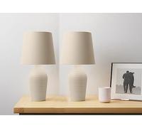 Biznest Set of 2 Stoneware Table Lamp Faux Linen Fabric Shade with A Satin Ribbed Glazed Reading, Bedroom, Living Room, Study, Office (Hummus)