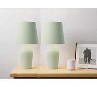 Biznest Set of 2 Stoneware Table Lamp Faux Linen Fabric Shade with A Satin Ribbed Glazed Reading, Bedroom, Living Room, Study, Office (Sage Green)