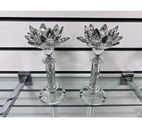 Biznest Set of 2 Tall Base Sunburst Flower Crushed Diamond Crystal Candle Holder Tealight Holder Clear Silver Crystal Glass Tall Pillar Taper 24Cm